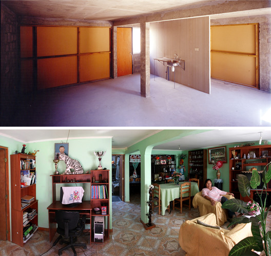 Before and after: empty delivered interior (top) vs. fully furnished home (bottom). Photo: Tadeuz Jalocha / ELEMENTAL