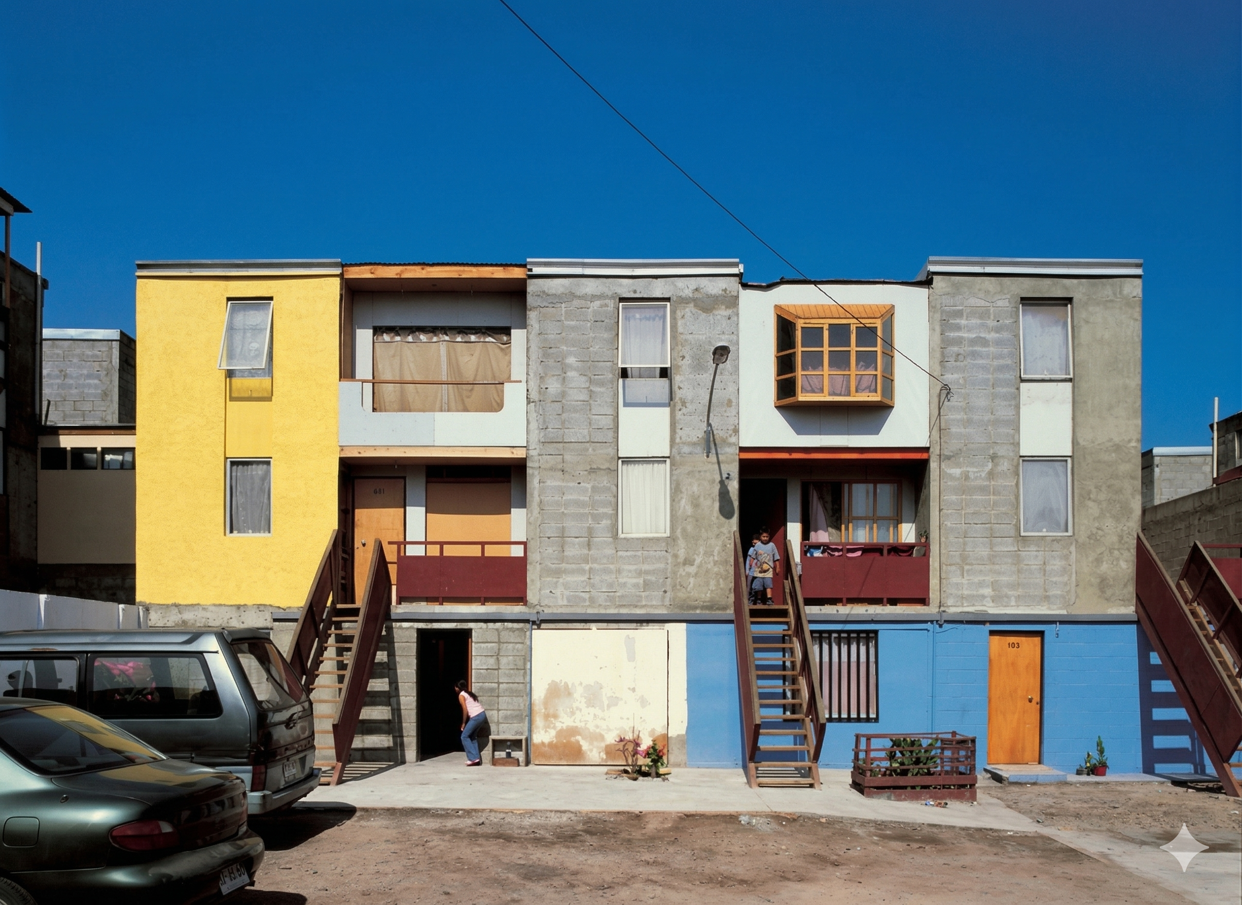 Quinta Monroy expanded facade — vibrant patchwork of resident-built additions, person ascending stairs. Photo: Cristobal Palma