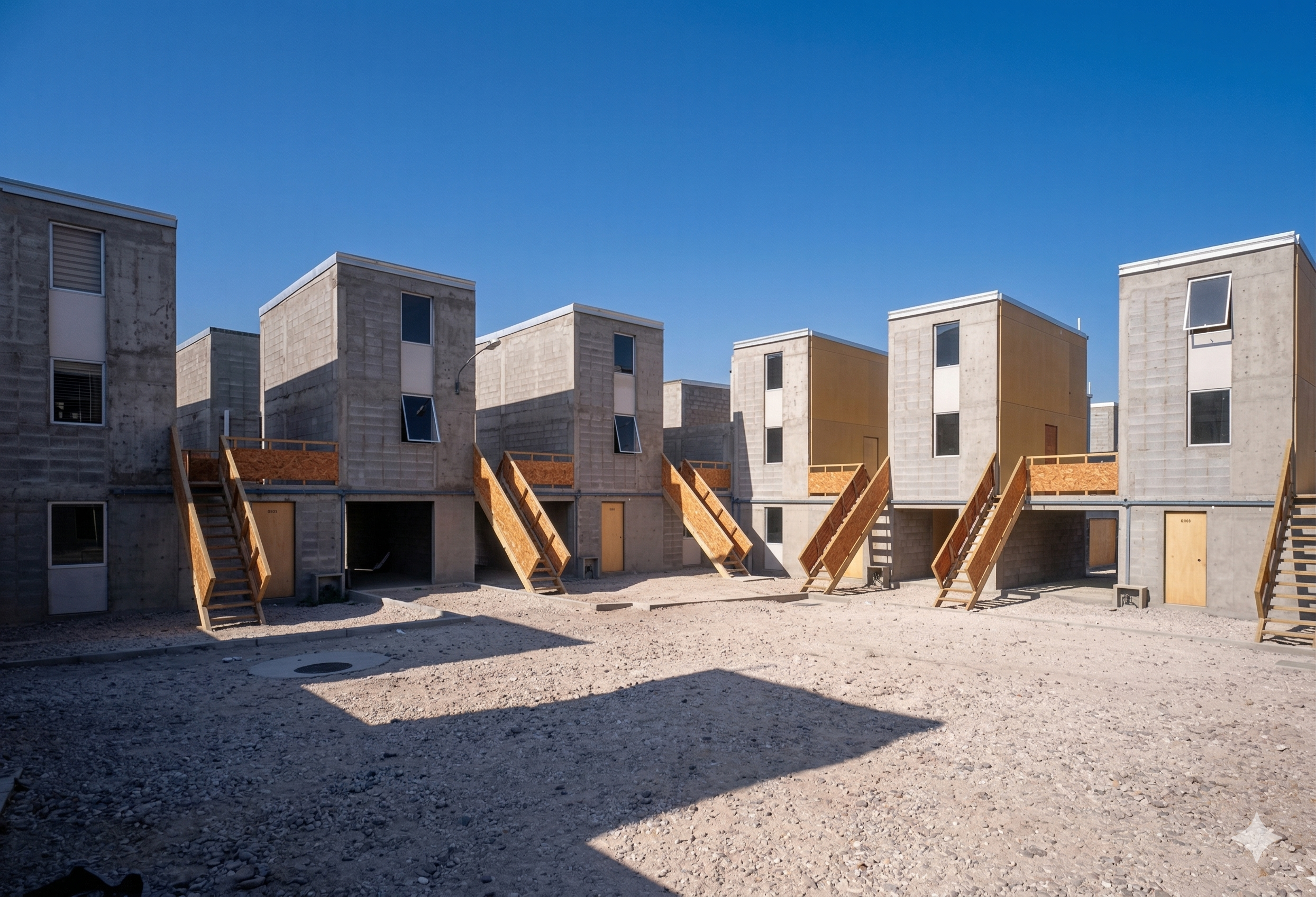 Quinta Monroy courtyard as delivered — raw concrete half-houses, timber staircases, open voids under blue sky. Photo: Cristobal Palma