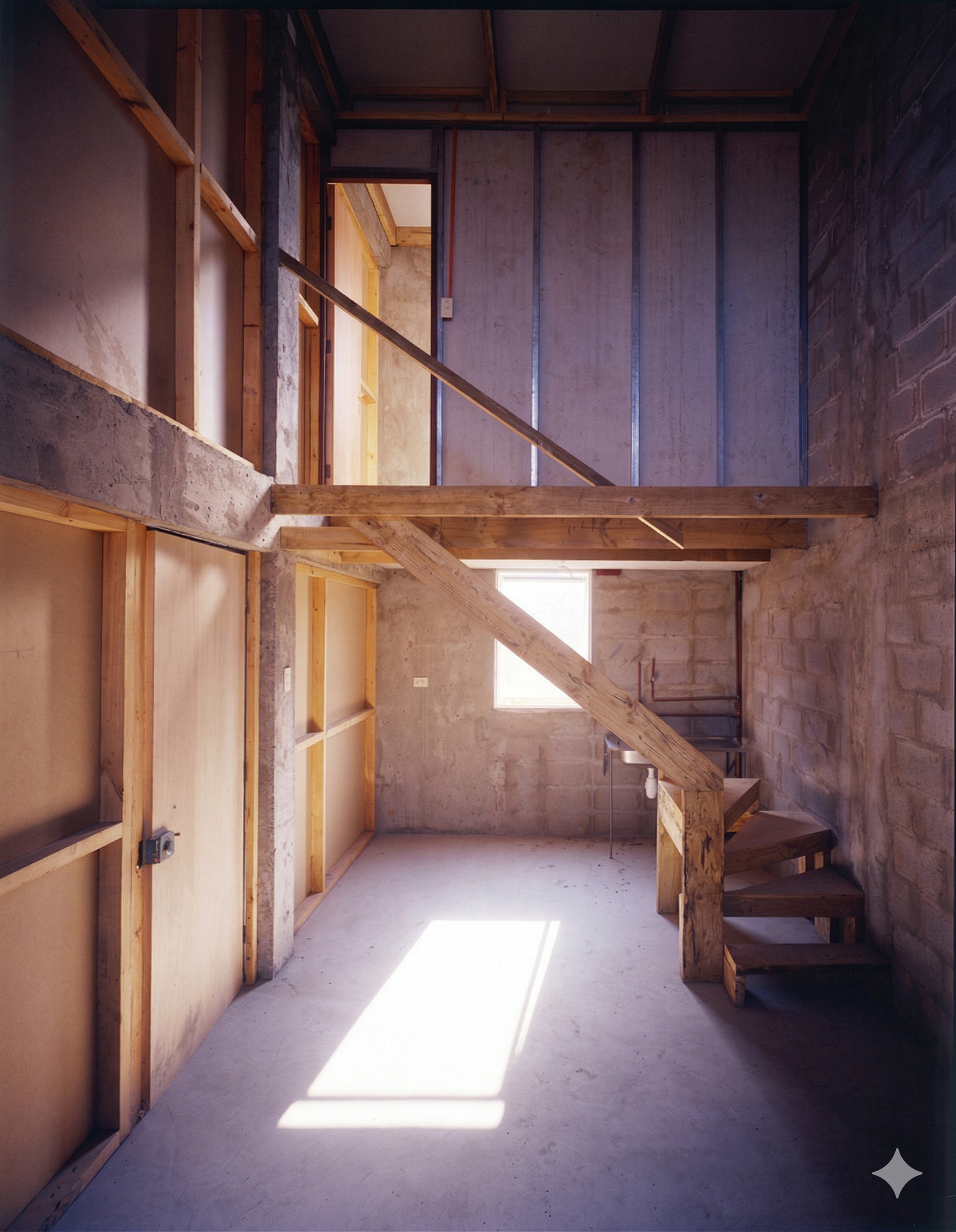 Interior void as delivered — timber staircase and light shaft, awaiting expansion. Photo: Cristobal Palma