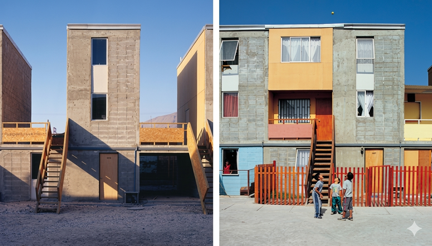Before/after — bare concrete vs. colorful expanded home